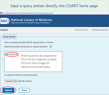 Illustration of the CDART home page, where you can input a query either as protein, a set of conserved domains, or as multiple queries. Click on this image for details and examples.