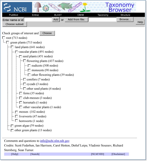 Figure 6. The Common Tree summary page for the plants and green algae.