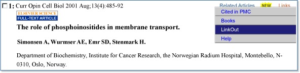 Figure 1. The LinkOut display can be accessed by selecting LinkOut from a PubMed record (top panel), from other Entrez databases (middle panel), or from the Display list (lower panel).