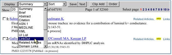 Figure 1. The LinkOut display can be accessed by selecting LinkOut from a PubMed record (top panel), from other Entrez databases (middle panel), or from the Display list (lower panel).