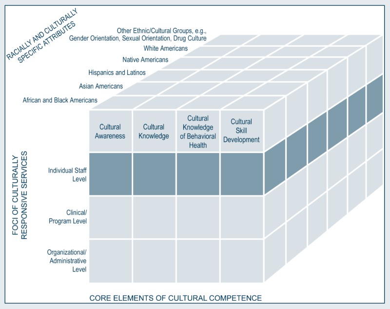 Graphic: 3-D drawing of a cube, segmented. Along the Z axis is labeled “Dimension 1: Racially and Culturally Specific Attributes”. The cube along the Z axis is segmented into 6 parts. The parts are labeled, “African and Black Americans,” “Asian Americans,” “Hispanics and Latinos,” “Native Americans,” “White Americans,” and “Other ethnic/cultural groups, e.g., Gender Orientation, Sexual Orientation, Drug Culture.” Along the X axis is labeled “Dimension 2: Core Elements of Cultural Competence.” The cube along the X axis is segmented into 4 parts. The parts are labeled “Cultural Awareness,” “Cultural Knowledge,” “Cultural Knowledge of Behavioral Health,” and “Cultural Skill Development.” Along the Y axis is labeled “Dimension 3: Foci of Culturally Responsive Services.” The cube along the Y axis is segmented into 3 parts. The parts are labeled “Individual Staff Level,” “Clinical/Program Level,” and “Organizational/Administrative Level.” The dimensions corresponding to Y-axis Individual Staff Level are highlighted.