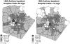 FIGURE 9. Examples of GIS population and epidemiological mapping: Hospital visits for asthma for all ages and minors in the San Antonio area by census tract.