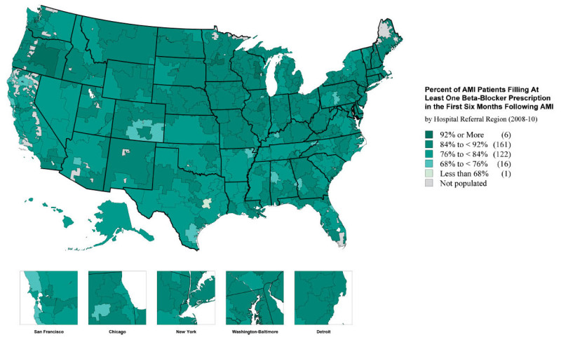 Map 2.. Use of beta-blockers within the first six months following hospitalization for a heart attack (2008-10).