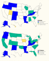 United States map showing that the percent change in health insurance coverage increased by more than 5% in Louisiana, Arkansas, Kentucky, West Virginia, New Mexico and Alaska among adults with diabetes between 2009 and 2019.