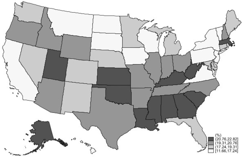 Figure 4 is a map of the United States showing the percentage of individuals affected by medical product shortages by state. The percentage of impacted adults by state ranges from ten percent to twenty-five percent, with states in the South generally having a higher percentage of adults affected by medical product shortages than states in other regions.