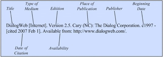 Illustration of the general format for a reference to a database/retrieval
system on the Internet for a retrieval system.