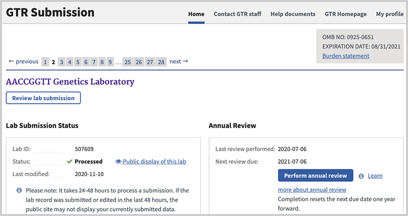 Display of a submission home page after adding a lab