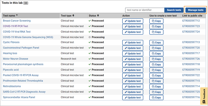 Manage Tests