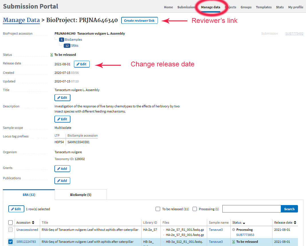 BioProject page in SRA Data inteface