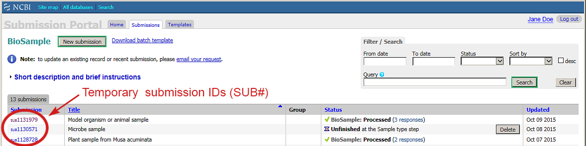 Your BioSample accessions in Submission Portal