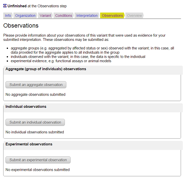 Image of the starting screen for documenting where and how often a variant was observed