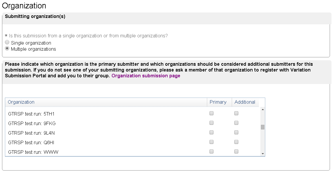 Organization tab, selection of mutliple organizations